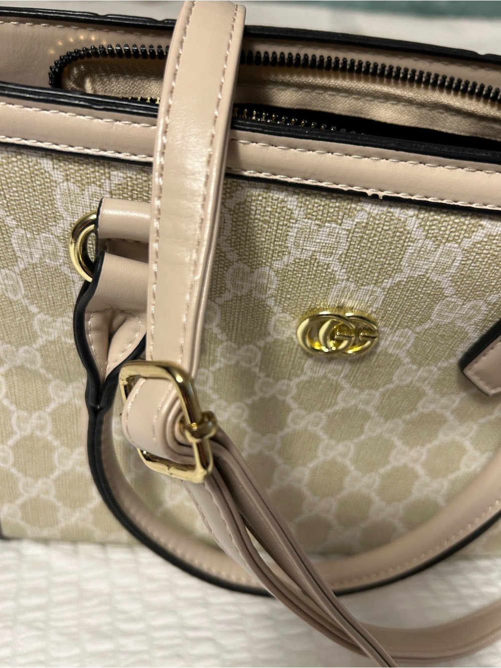 Beige Monogram Satchel with Gold Double-G Accent